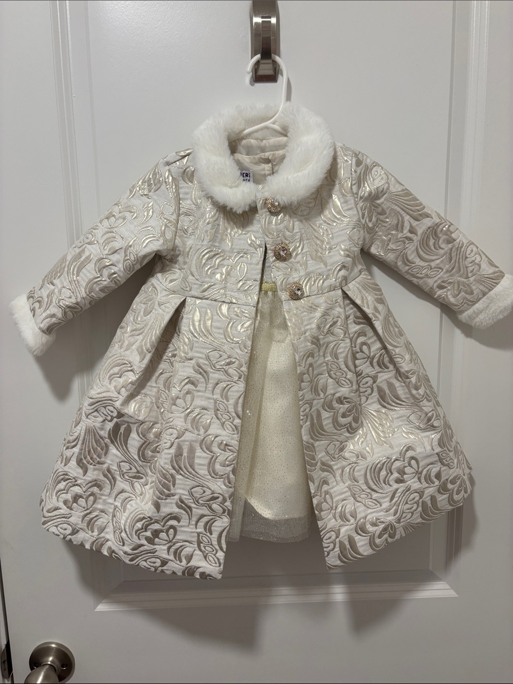 Girls' Ivory Brocade Formal Coat with Faux Fur Trim